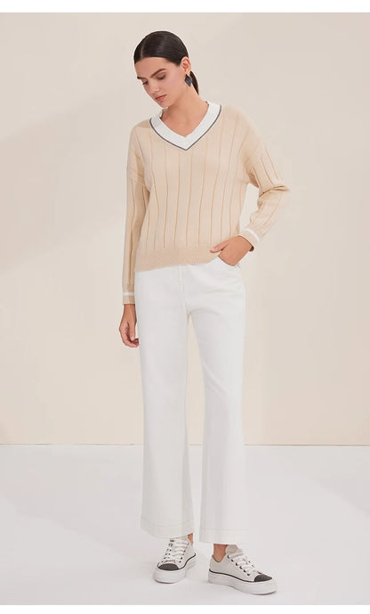 BY4521246 Women's Luxurious V-Neck Long Sleeve Sweater 100% Cotton Casual Knitted Pullover Fall Winter 2025