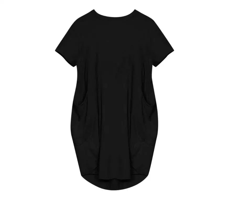 Plus Size Women Short Sleeve O-Neck Loose Casual Dresses Casual Short Sleeve Shirt Mini Dresses Round Neck Pockets Sexy Female T