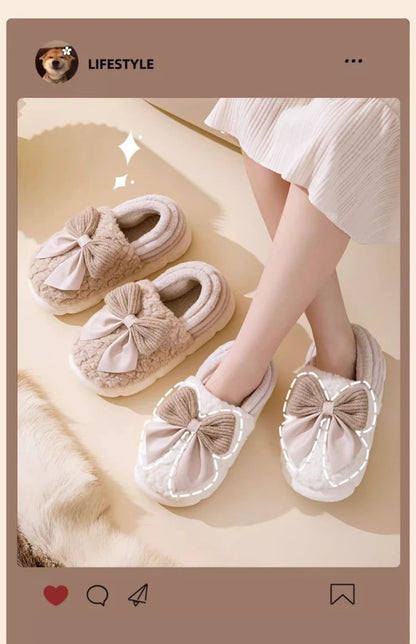 Thick Soled Non Slip Home Plush Slippers 2025 New Cotton Slippers for Women Bow Slippers for Autumn and Winter Warm for Women