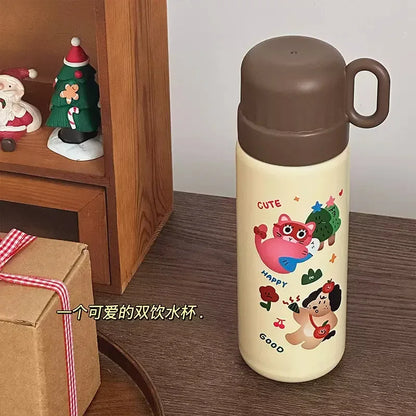 500ml Cartoon Stainless Steel Portable Thermos Cup,Cute Student Water Cup,Outdoor One Cover Dual-use Cup Vacuum Insulated Bottle