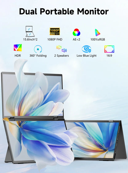 UPERFECT Laptop Screen Extender 15.6' FHD 1080P 360° Foldable Dual Monitors 100% SRGB HDMI USB-C Stacked Triple Portable Monitor
