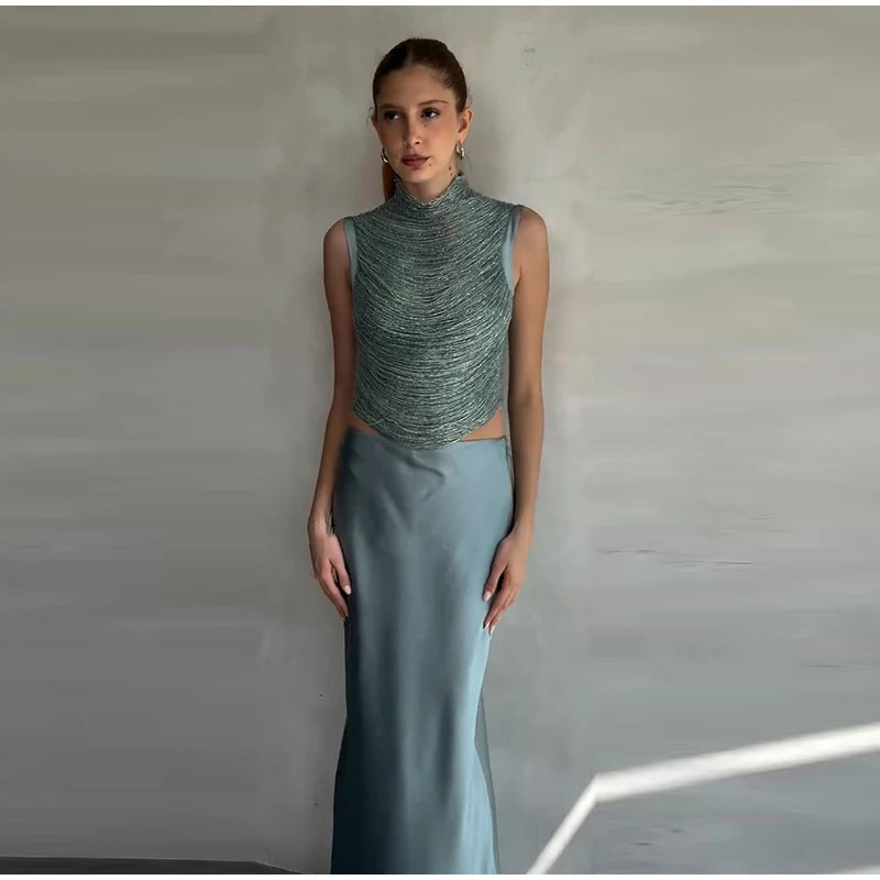 Elegant Tassel Crop Tops Satin Mermaid Skirt Sets Women Sleeveless Slim O-neck Vest Hip Package Skirts 2026 Summer Party Outfit