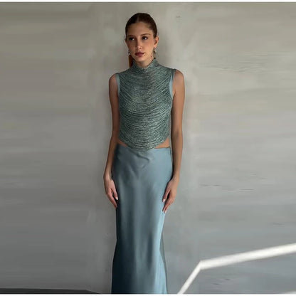 Elegant Tassel Crop Tops Satin Mermaid Skirt Sets Women Sleeveless Slim O-neck Vest Hip Package Skirts 2026 Summer Party Outfit