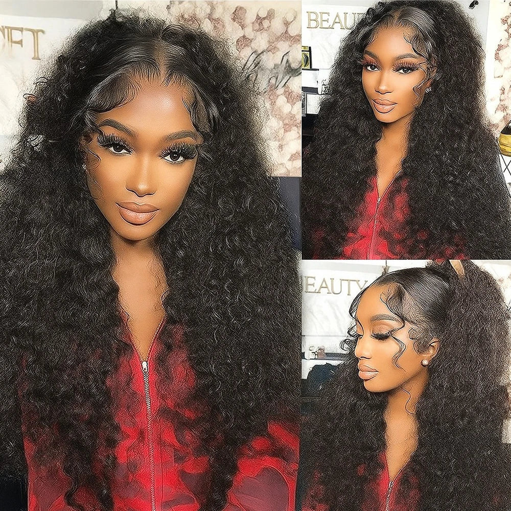 Water Wave Glueless Wigs Wear And Go 3 IN 1 Half Wigs Human Hair 200% Density Machine Made Clip-in Wigs With Drawstring Seamless