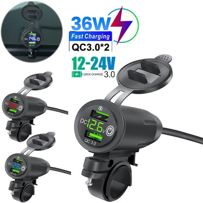 Motorcycle Modified Charger Fast Charger Dual QC3.0 USB LED Voltmeter Display Dual USB Charger Socket Motorcycle and Bicycle Acc