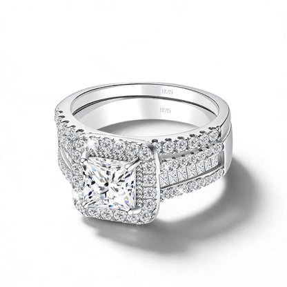 2Pcs 925 Silver Wedding Rings Set for Women Princess Cut White Moissanite Halo Engagement Bridal Ring Vintage Luxury Jewelry