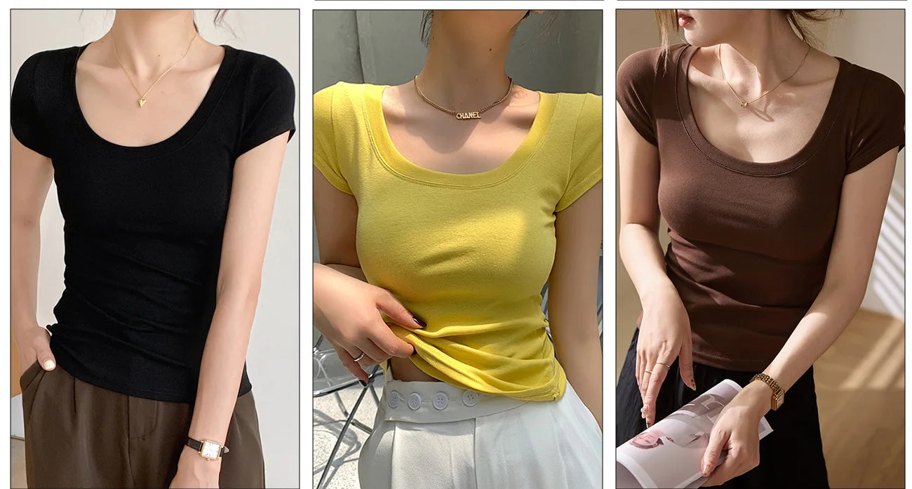 Cotton short sleeved women's T-shirt for summer, slim fit and slimming, versatile waist design, front shoulder, U-neck