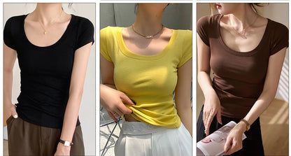 Cotton short sleeved women's T-shirt for summer, slim fit and slimming, versatile waist design, front shoulder, U-neck
