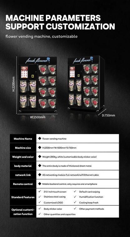 Customized Refrigerator Flower Vending Machine 24 hour Self service Fresh Rose Bouquets Flower Shop Office Building Supply