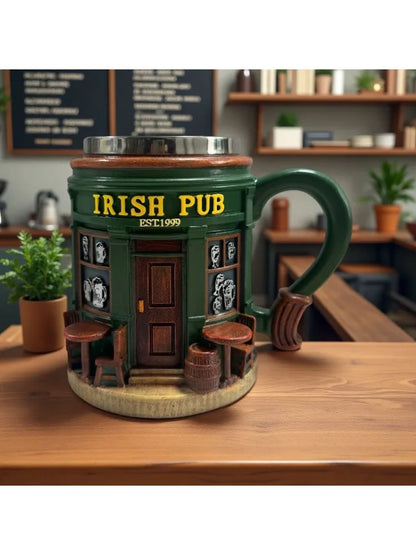 3D Pattern Irish Pub Stainless Steel Mug Home Bar Resin Crafts Ornaments Beer Mug Coffee Cup Drinking Utensils Xmas Holiday Gift