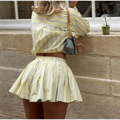 Women's Striped 2 Piece-Set Casual Lapel Long Sleeve Lace-Up Cropped T-Shirt High Waist Shorts 2026 Spring Lady Fashion Outfit