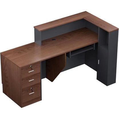 Large L-Shaped Wooden Office Desk with Storage, Counter & Shelves, Suitable for Home or Business, Brown and Black, Right-71L x 3