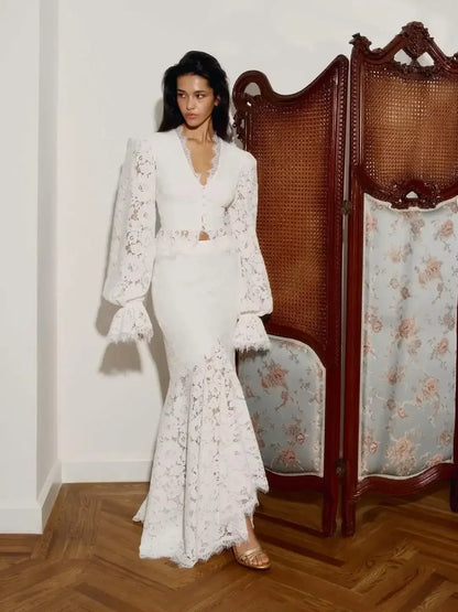 White Lace Patchwork Long Skirt Set Women Chic Full Flared Sleeves V-neck Slim Cropped Sets 2026 Lady Spring Evening Party Wear