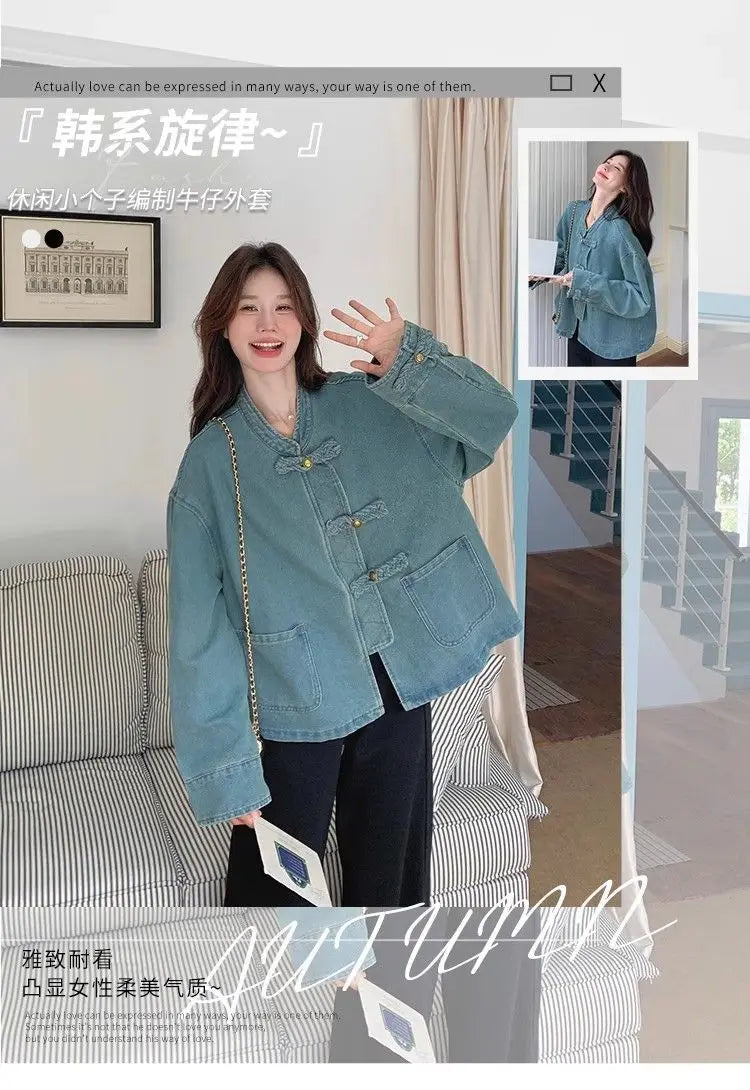 Women Clothing Autumn Fashion Simplicity All-match Temperament Button Solid Color O-neck Female Chinese Style Denim Jacket Tops