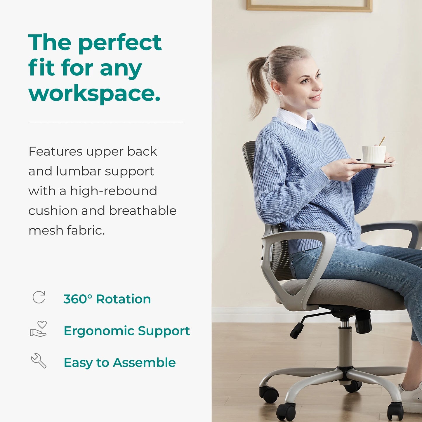 MCQ Fixed Armrest Gaming Office Chair Ergonomic Adjustable Height and 360° Rotating Roller omfortable Lumbar Support For Office
