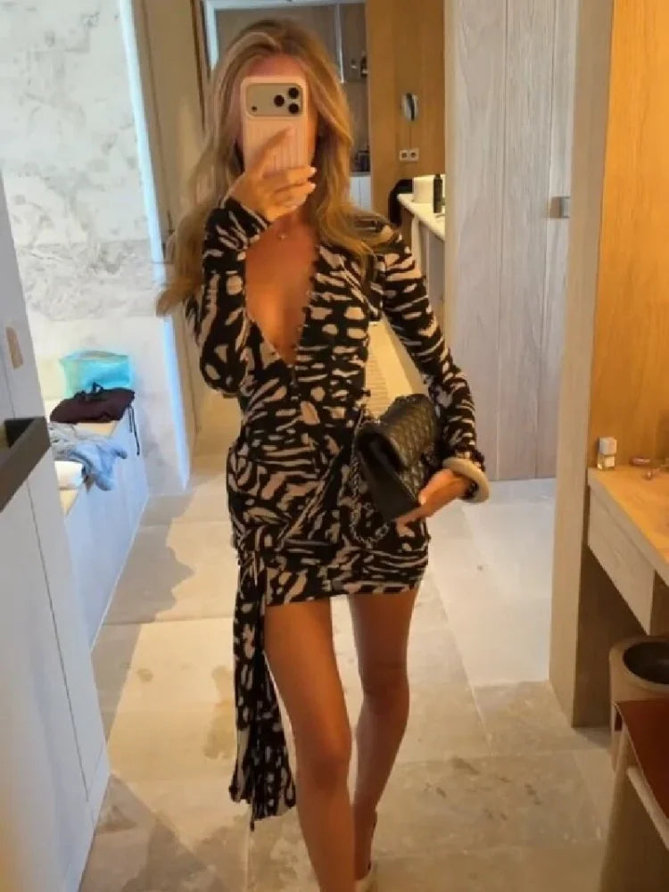 Fashion Zebra Print Wrap Bodycon Mini Dress Women Retro Deep V-neck Long Sleeve Side Tie Ruched Vestido Summer Club Daily Outfit
