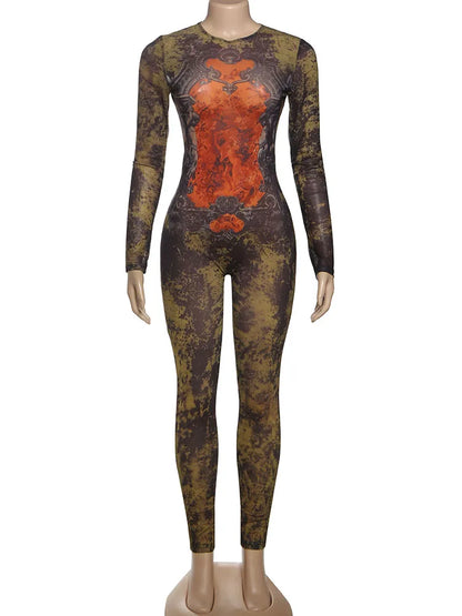 Sisterlinda Printing Slim O-Neck Long Sleeve Jumpsuit Women Sexy Popular Body-shaping Vestidos Girl Party Leisure Pencil Pants