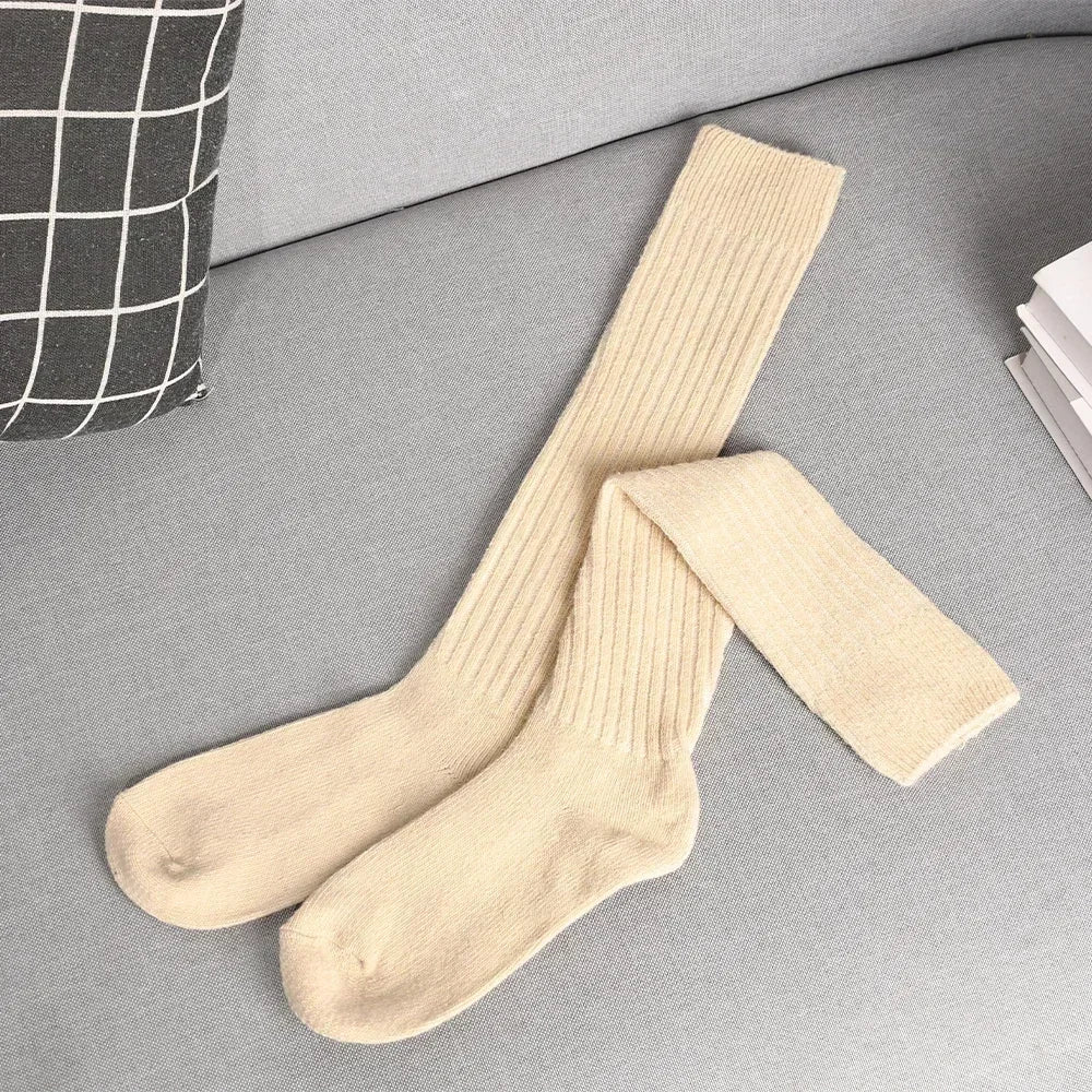 Soft Wool Long Socks Women Autumn Winter Cashmere Solid Knitted Stocking Skinny Casual Knee High Fluffy Warm Thicken Girls Socks