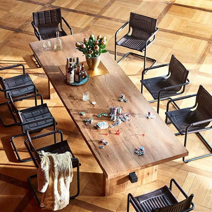 Farmhouse Solid Wood Brown Dining Table Minimalist Rectangle Kitchen Dining Table with Trestle Base Conference, Customized