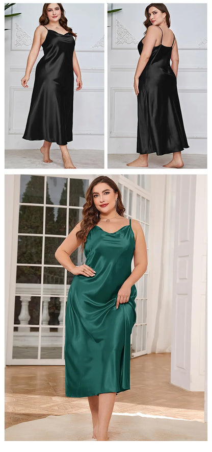 Plus Size 3Xl 4Xl 5Xl Nightgown Lady Sexy Swing Collar Nightdress Long Lingerie Women Summer New Satin Sleepwear Nightwear