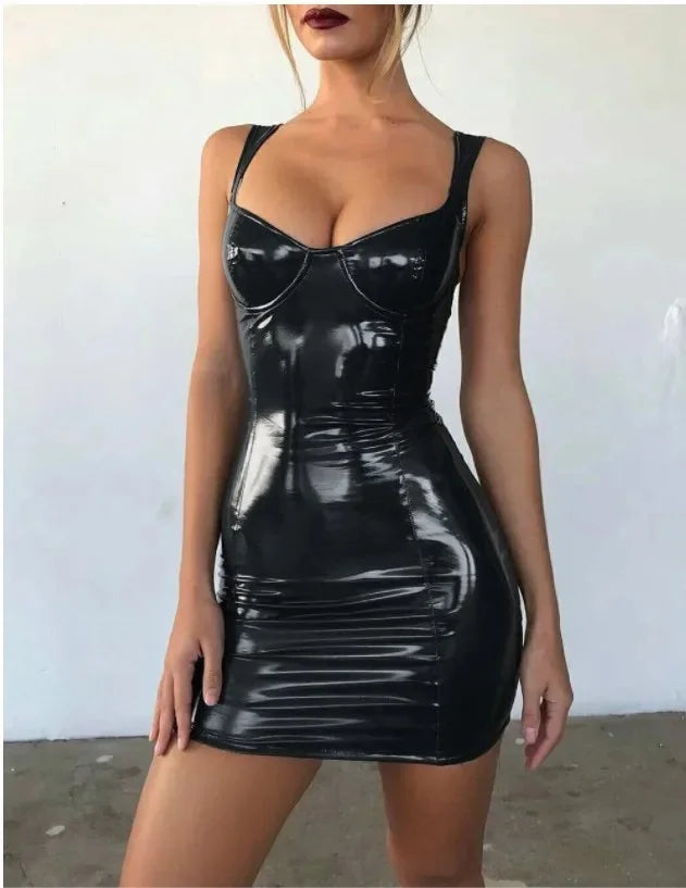 Vintage PU Leather Women Sexy Bodycon Dress Sleeveless Backless Skinny Dress Club Evening Party Short Dress Clubwear Robe