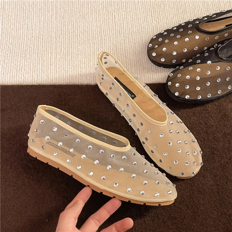 Women Flats Luxury Crystal Rivet Design Sandals Summer Mesh Breathable Ballet Shoes Plus Size Ladies Elegant Party Dress Loafers