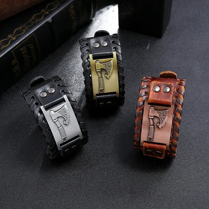 Trendy Wide Edition Leather Woven Rune Viking Tomahawk Bracelet Charm Man Bracelet New Fashion Hip Hop Punk Jewelry Accessories