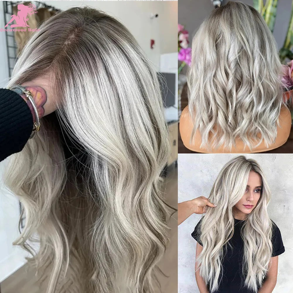 Ash Blonde Human Hair Wig Dark Roots Transparent Lace Frontal Human Hair Wigs 13x4 Lace Front Wigs with Baby Hair Pre Plucked Na
