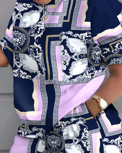 Ladies Casual Summer Two Piece Sets Printed Shorts Sets Women Round Neck Short Sleeve T Shirts Pullover High Waist Trousers Suit