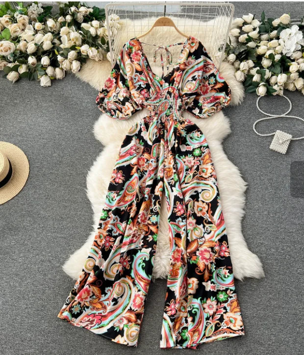 Women's Print Jumpsuit Casual V-neck Bubble Sleeve Backless Lace-Up Slimming Summer Beach Vacation Loose Wide Leg Jumpsuit