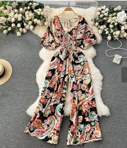 Women's Print Jumpsuit Casual V-neck Bubble Sleeve Backless Lace-Up Slimming Summer Beach Vacation Loose Wide Leg Jumpsuit