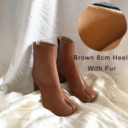 Luxury Brand Designer Tabi Split-toe Ankle Boots Women Genuine Leather Chunky Round Heel Short Boots 2024 Autumn Winter Shoes