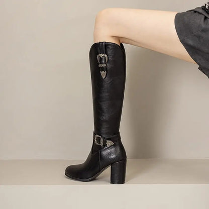 Girseaby British Style Women Knee High Boots Round Toe Block Heel 7.5cm Zipper Plus Size 51 52 Fashion Riding Bota