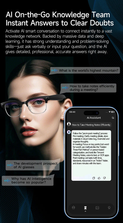 New 4K UHD Camera Glasses, ai glasses, 8MP Video, Music, Bluetooth Call, Translation, 3200W Picture,Business Style Smart Glasses