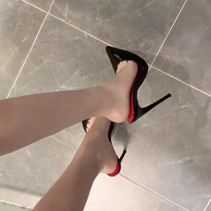 Woman Stilettos 12cm Slipper High Heels Sexy Red inside Sandal Pointed Toe Female Stripper Show Stage Slingback Dress Shoes