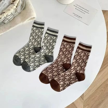 Kuwa 1/2Pairs Trendy Winter Wool Socks Ladies Monogram Pattern Solid Color Thickened Middle Tube Socks Breathable Wholesale
