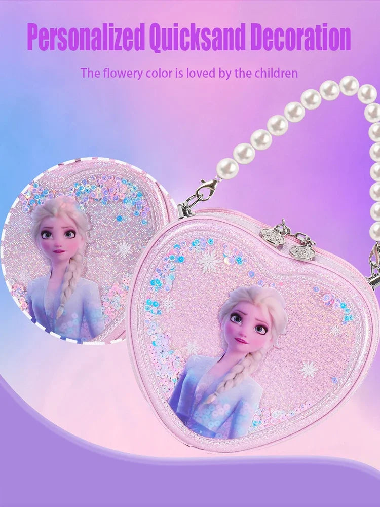 Disney Elsa Shoulder Bag Shiny Quicksand Pearl Handbag Heart-shaped Crossbody Bag For Girls Gifts