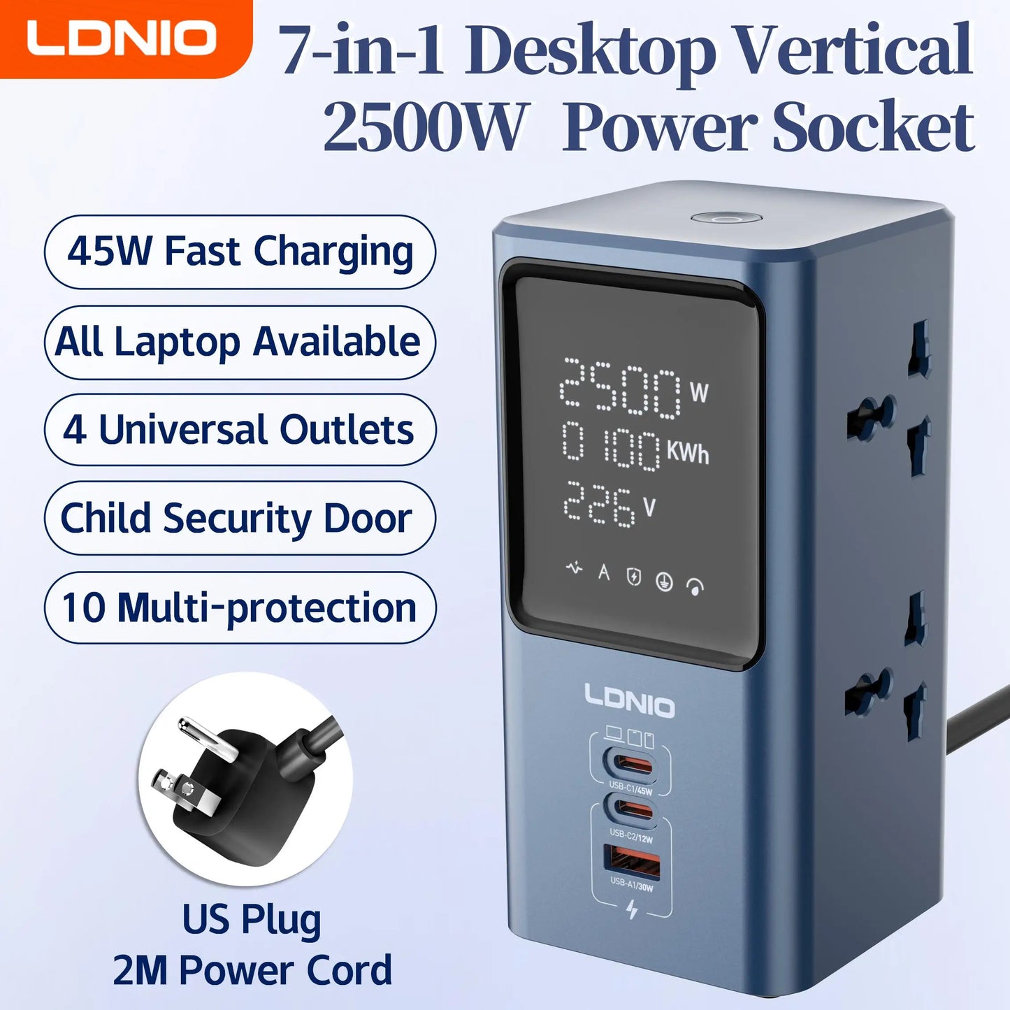 LDNIO Vertical Universal Socket Tower Power Strip Multi Outlets with 45W PD USB C Fast Charging Stations Extension Cable LED