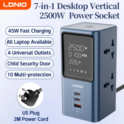 LDNIO Vertical Universal Socket Tower Power Strip Multi Outlets with 45W PD USB C Fast Charging Stations Extension Cable LED