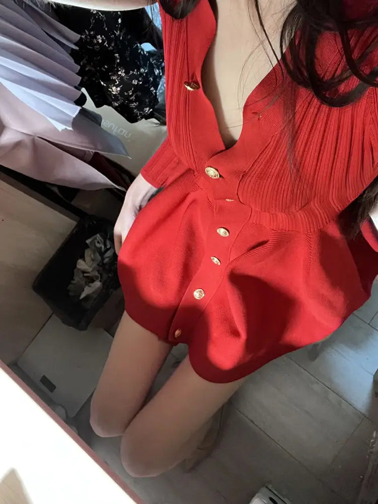 Elegant Vintage V-neck Red Dresses Y2k Slim Fit Knitted Dress for Women Spring Autumn New Long Sleeve Vestidos De Mujer
