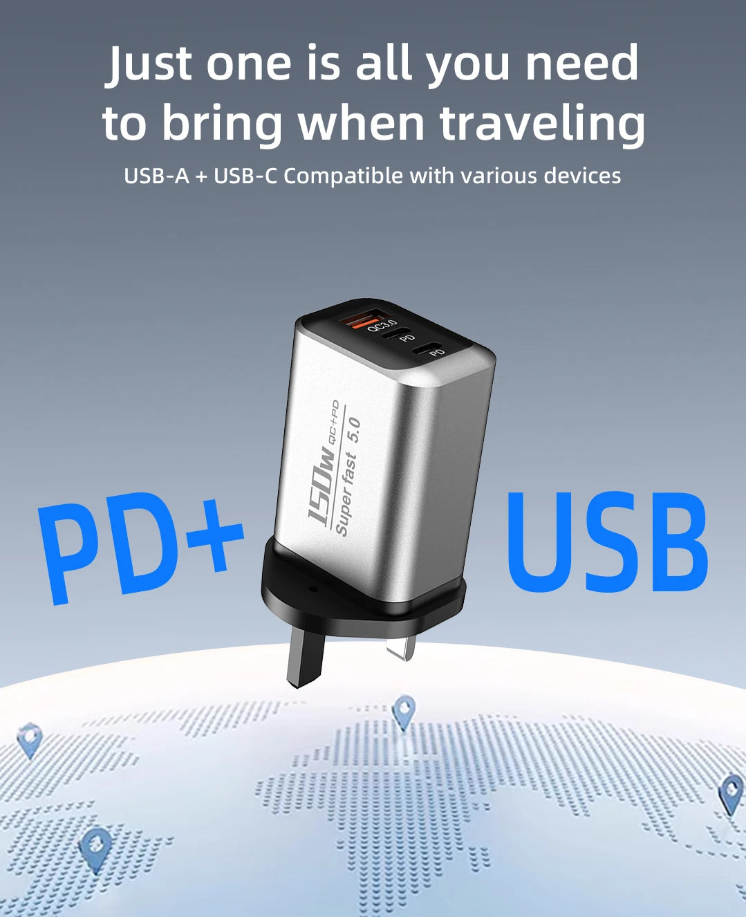 150W USB Type C Charger USB QC3.0 Fast Charging Mobile Phone Charger Travel Adapter For iPhone 17 Samsung Xiaomi EU/UK/US Plug
