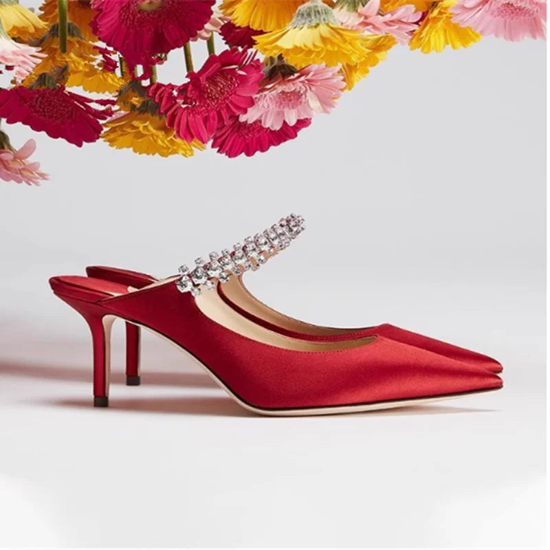 2025 New Fashionable Fine Heeled Muller Shoes with Pointed Water Diamond Chain Banquet Shallow Mouth Women's High Heel Sandals