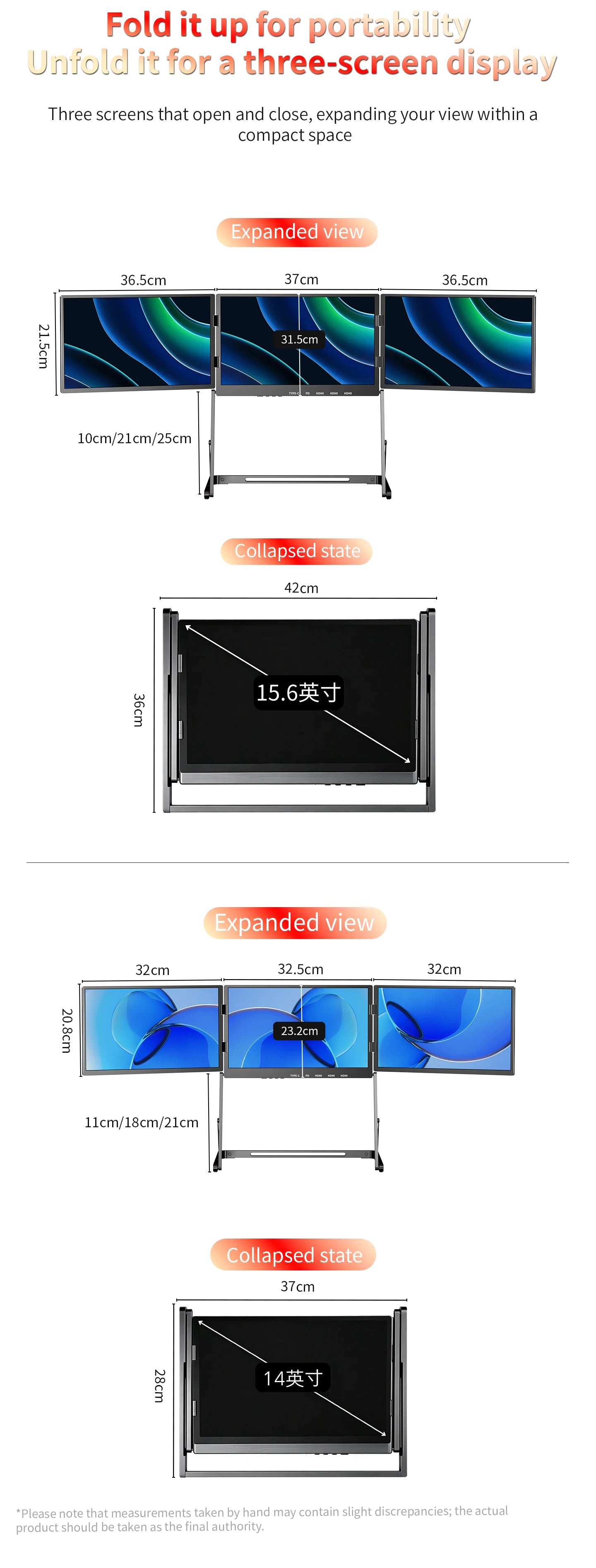 SIBOLAN 16 Inch Triple Screen Foldable Extender Display 2.5k/1080P IPS All-Metal Adjustable Stand USB C for MAC Laptop Travel
