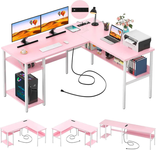 Reversible L-Shaped Desk with Power Outlets & USB Ports, Sturdy Corner Computer Desk with Storage Shelves, Easy Assembly Pink