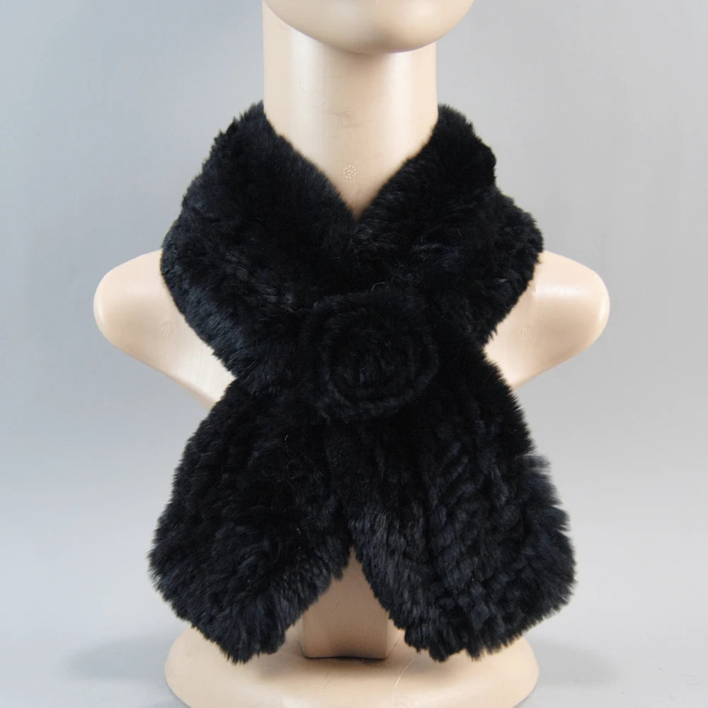 Hot Russian Women Knit Real Rex Rabbit Fur Scarf Lady Fashion Floral Rex Rabbit Fur Mufflers Hot Winter Warm Natural Fur Scarves