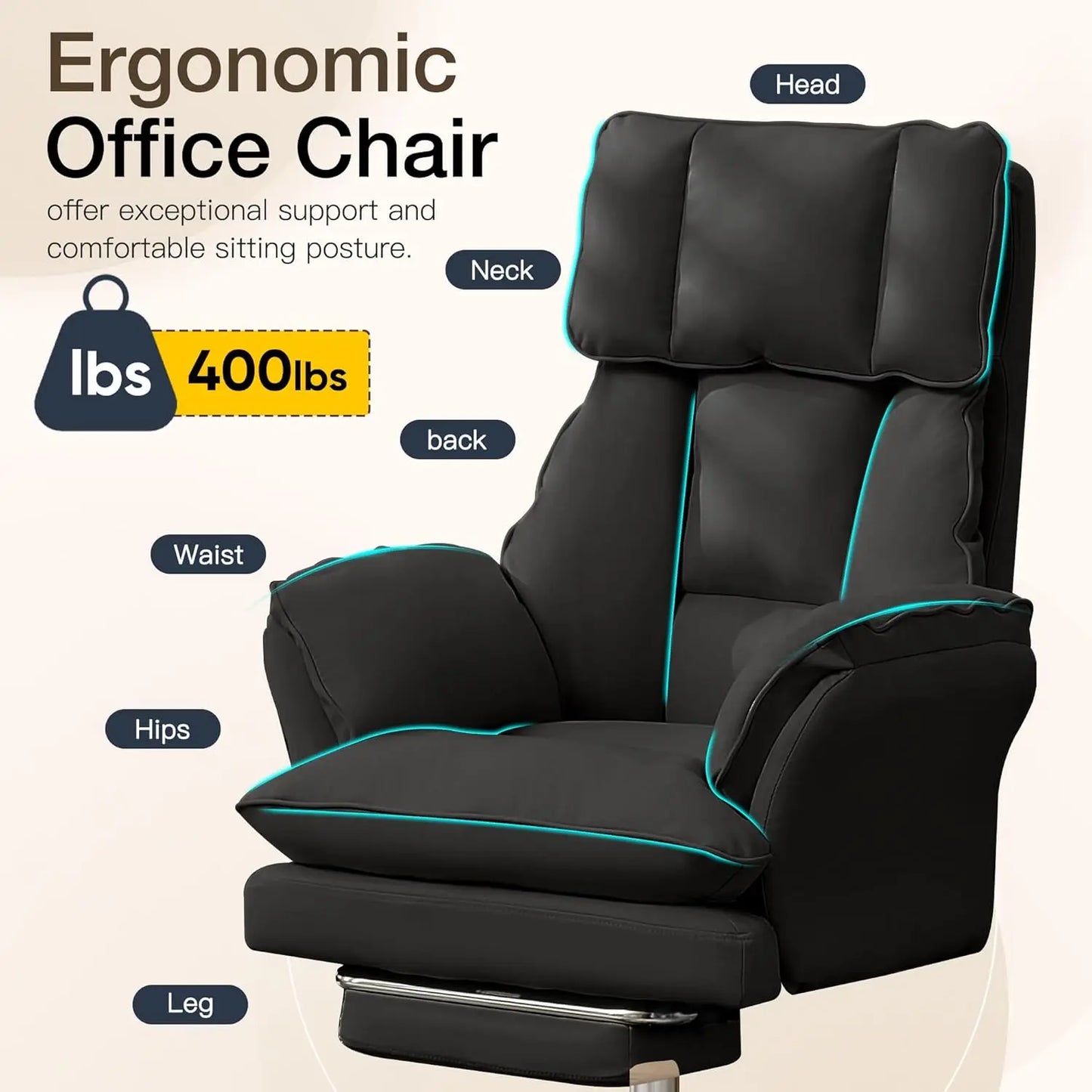 Ergonomic Cloud Cross Legged Office Chair with Footrest,Leather Big and Tall Executive Chair with Wheels,Reversible, Customized