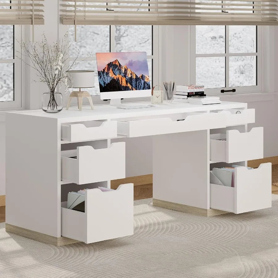 White 54 Inch Executive Desk with 7 Drawers and Cabinet for Bedroom Home Office Small Spaces Modern Writing and Study Desk