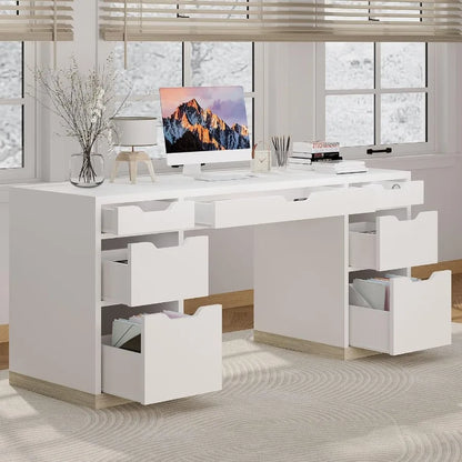 White 54 Inch Executive Desk with 7 Drawers and Cabinet for Bedroom Home Office Small Spaces Modern Writing and Study Desk