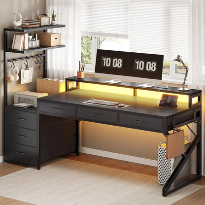 55" Gaming Desk with 6 Drawers, Corner Gaming Desk with Storage & LED Lights, Reversible PC Desk with Power Outlet,, Customized
