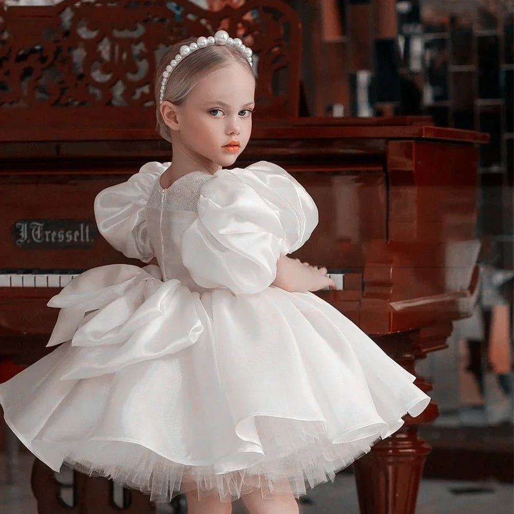 Lovely White Satin Flower Girl Dress for Wedding Dresses Little Princess Bow Kids Birthday Party Evening Customise Gowns